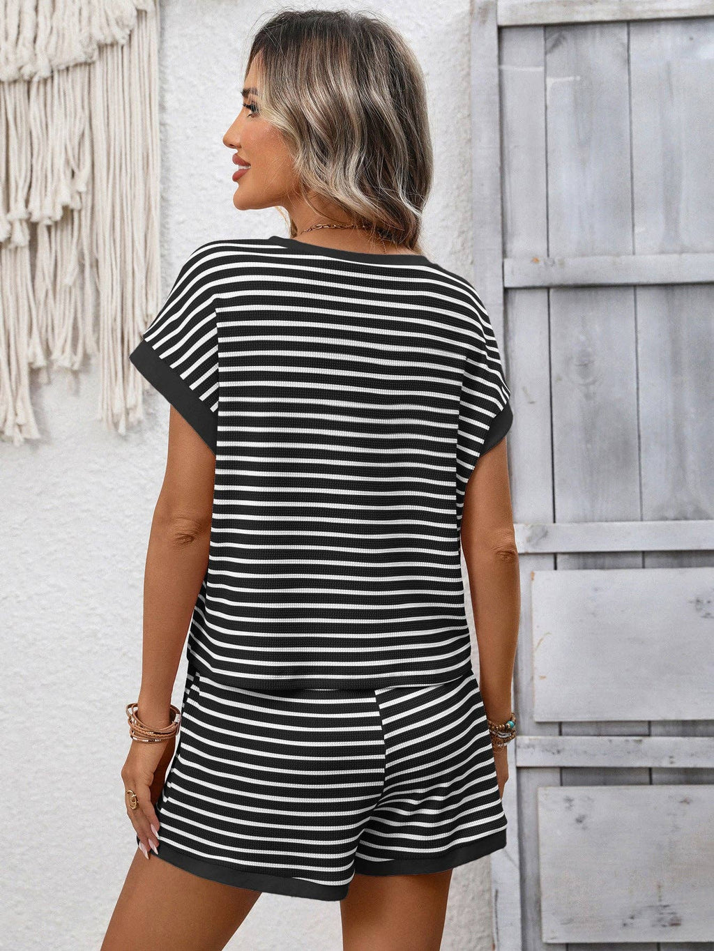 Cameron Striped Short Sleeve Set: Black