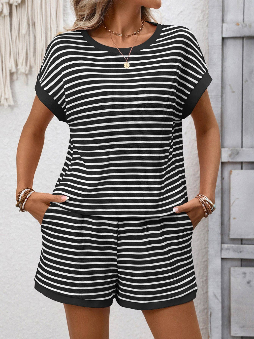Cameron Striped Short Sleeve Set: Black