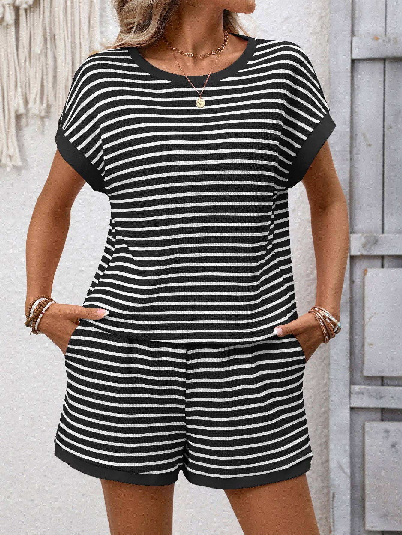 Cameron Striped Short Sleeve Set: Black
