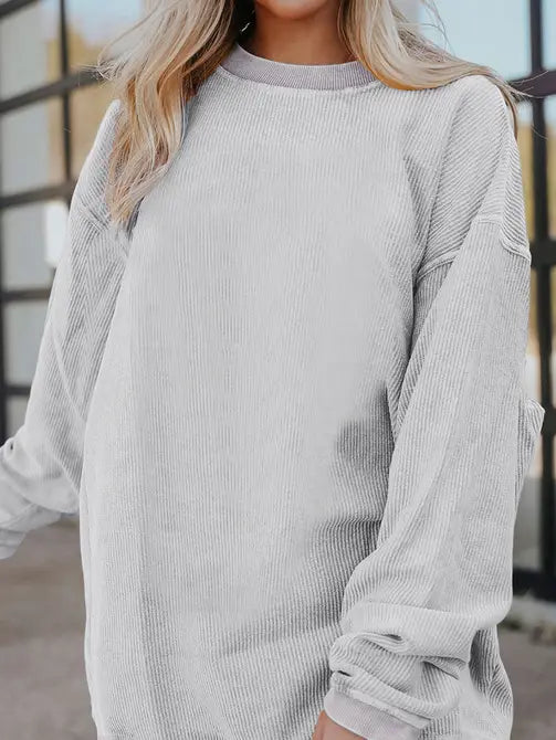Harper Grey Ribbed Corded Oversized Crewneck