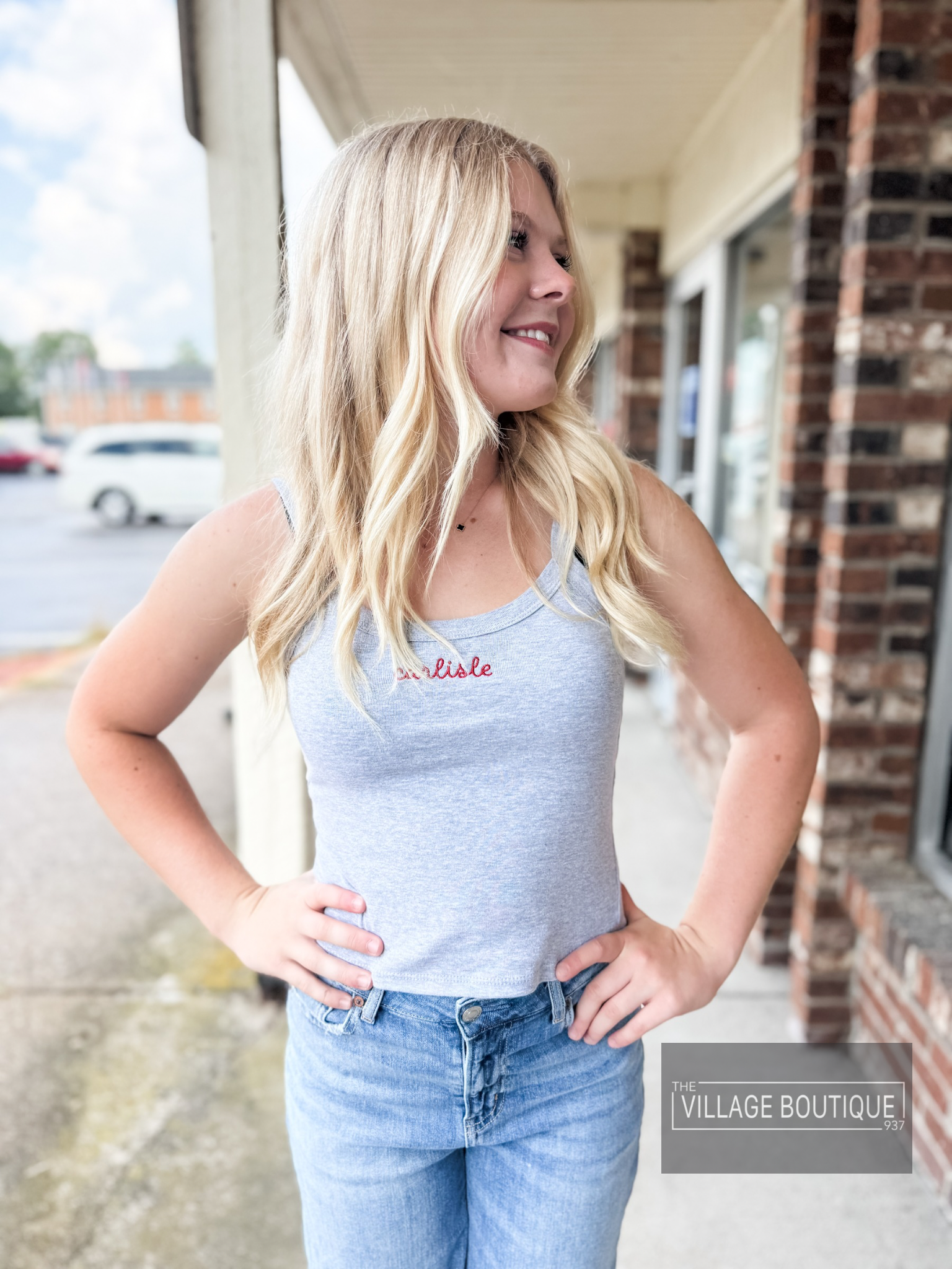 Script Carlisle Embroidered Bella + Canvas Women's Micro Rib Spaghetti Strap Tank