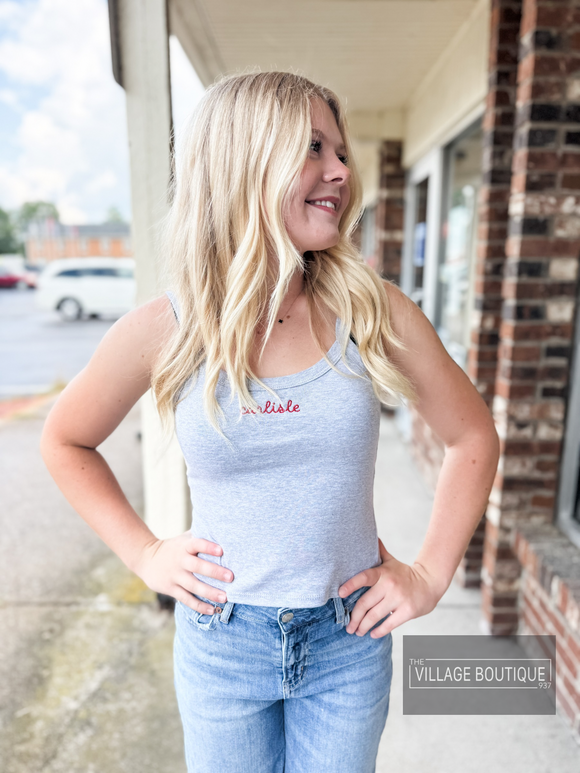 Script Carlisle Embroidered Bella + Canvas Women's Micro Rib Spaghetti Strap Tank