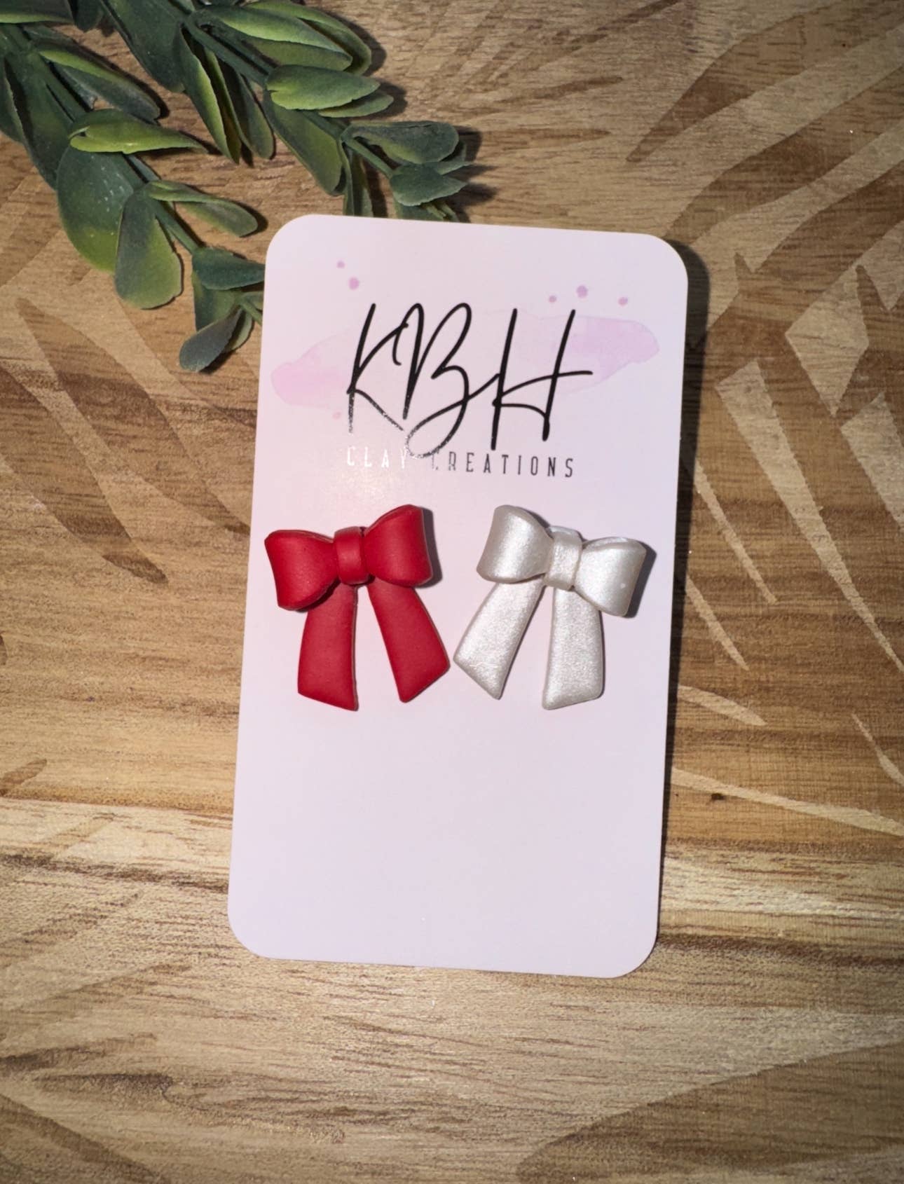KBH CREATIONS - Red & White Bow Stud Handmade Clay Earrings